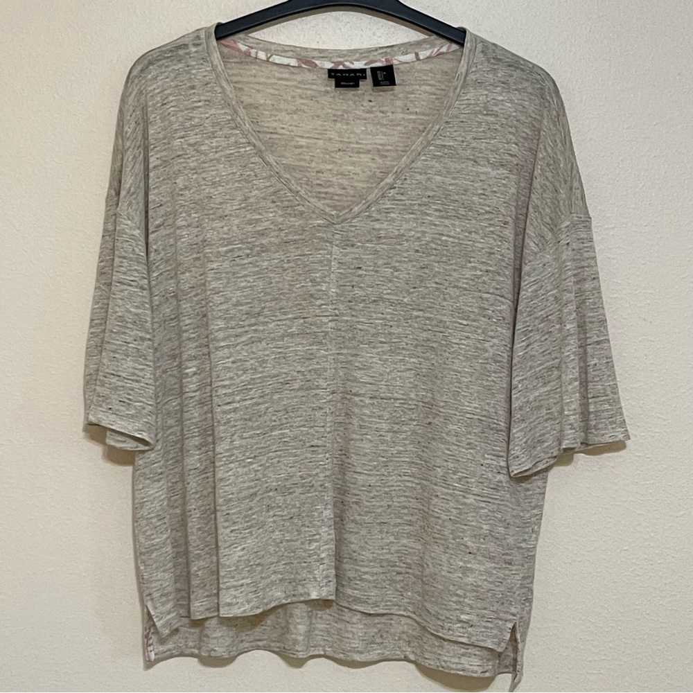 Tahari Women's Size Large L Cream Linen Cropped Slub T Shirt Oatmeal Beige